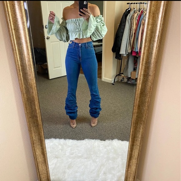 Denim - Stacked denim high rise jeans